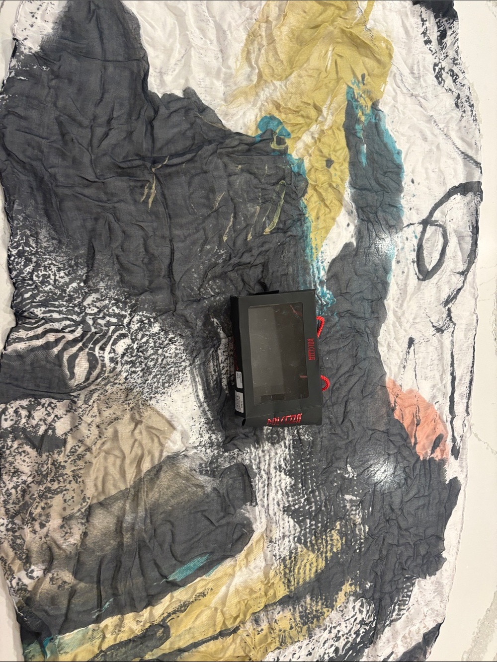 Lightweight Abstract Print Scarf in Charcoal, Yellow & Teal 52 by 32